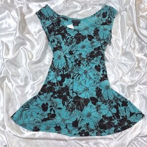 y2k Citiknits Tank Top Turquoise New Floral Hibiscus Sleeveless Scoop Neck 3010